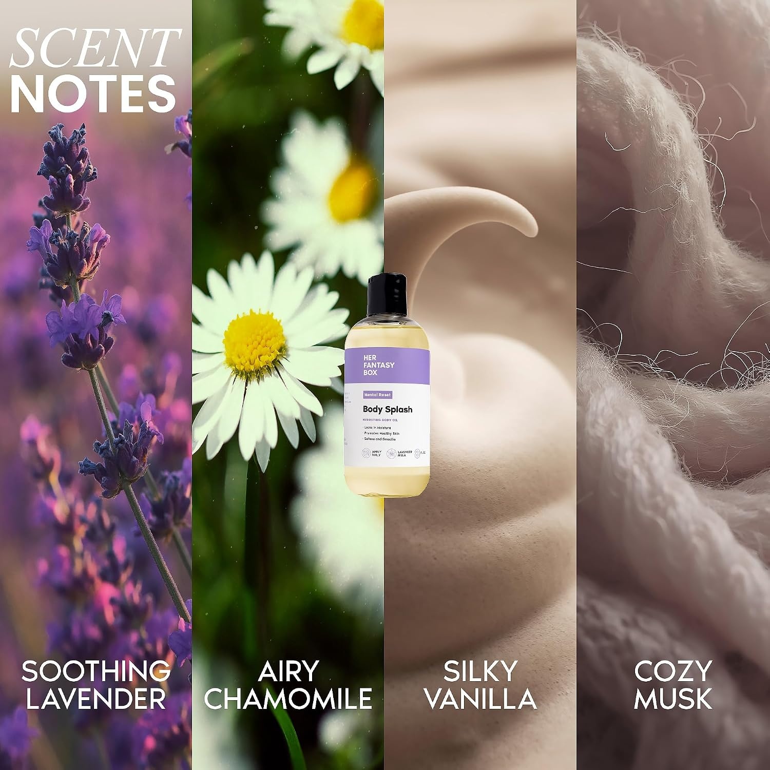 image:imageHer Fantasy Box Body Splash Body Oil Gift Set Lightweight Hydrating Glow Oil Vanilla Caramel Lavender Sandalwood Scents Vegan Body Splash Oils 4 Pack