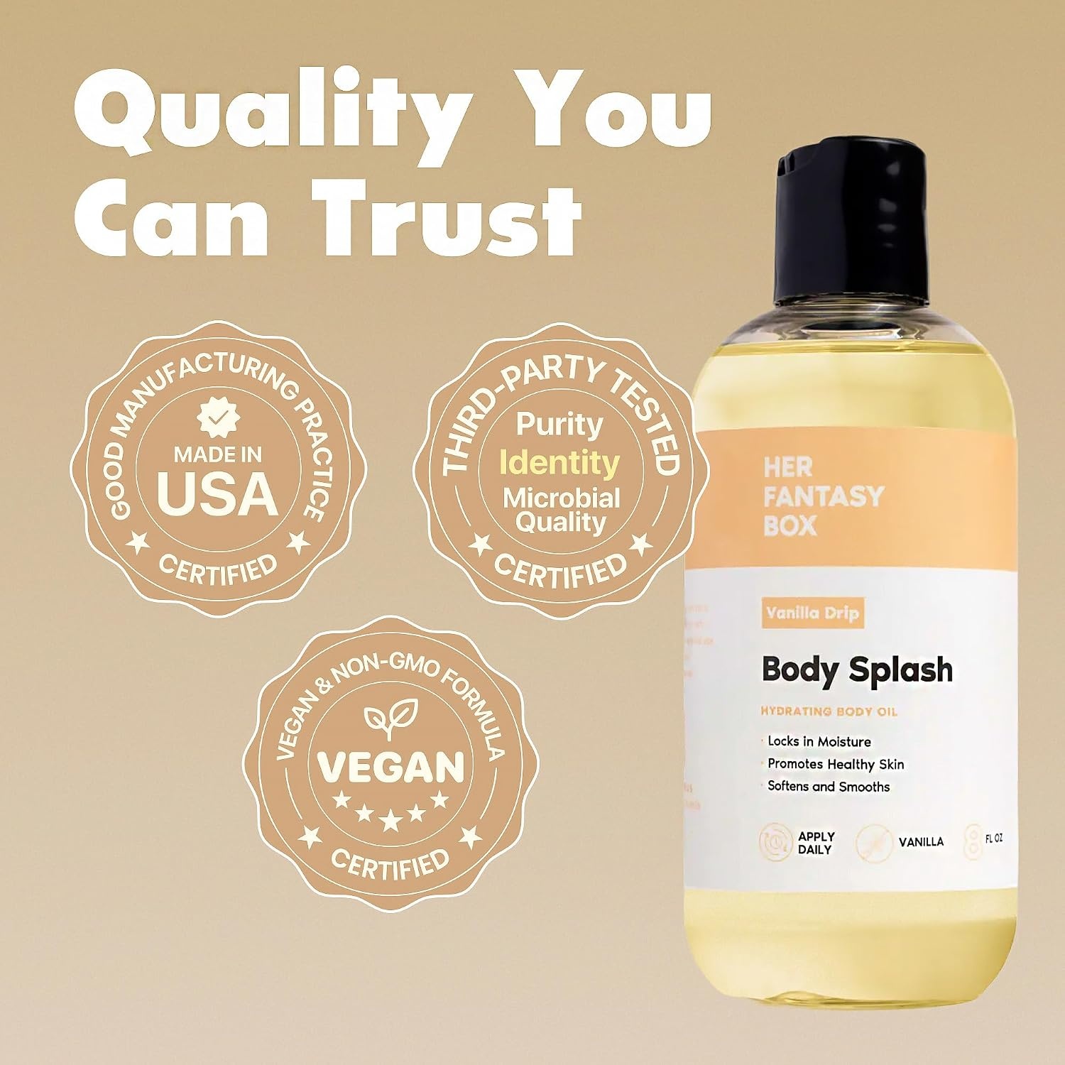 image:imageHer Fantasy Box Body Splash Body Oil Gift Set Lightweight Hydrating Glow Oil Vanilla Caramel Lavender Sandalwood Scents Vegan Body Splash Oils 4 Pack