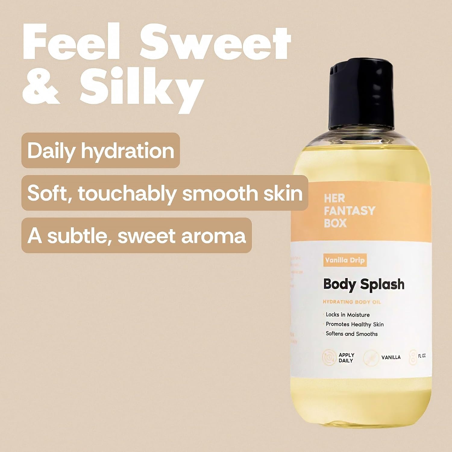 image:imageHer Fantasy Box Body Splash Body Oil Gift Set Lightweight Hydrating Glow Oil Vanilla Caramel Lavender Sandalwood Scents Vegan Body Splash Oils 4 Pack