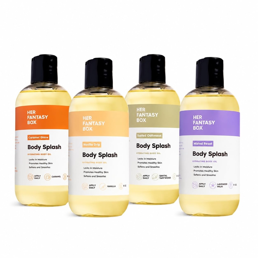 image:imageHer Fantasy Box Body Splash Body Oil Gift Set Lightweight Hydrating Glow Oil Vanilla Caramel Lavender Sandalwood Scents Vegan Body Splash Oils 4 Pack