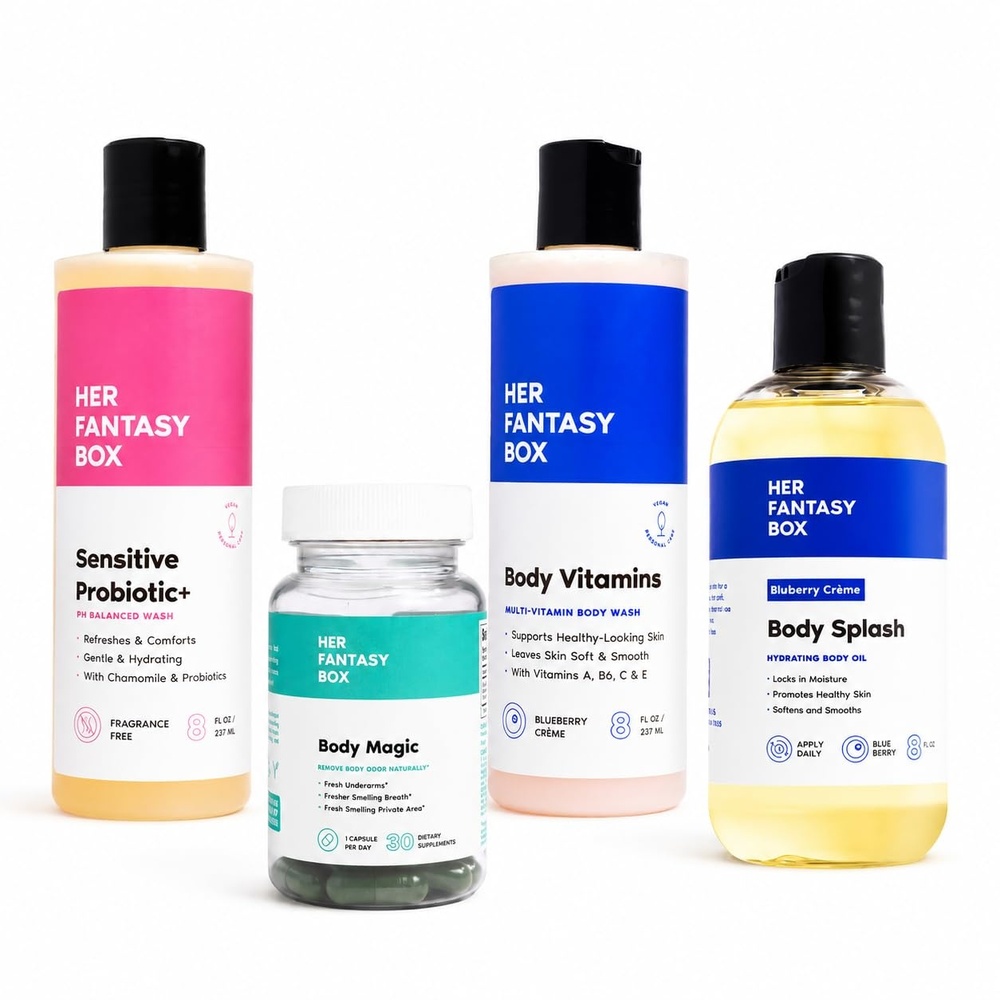 image:imageHer Fantasy Box Body Vitamins Bundle VitaminRich Body Wash Sensitive Probiotic Cleanser Blueberry Crme Body Oil amp Chlorophyll Capsules for Soft Refreshed Skin