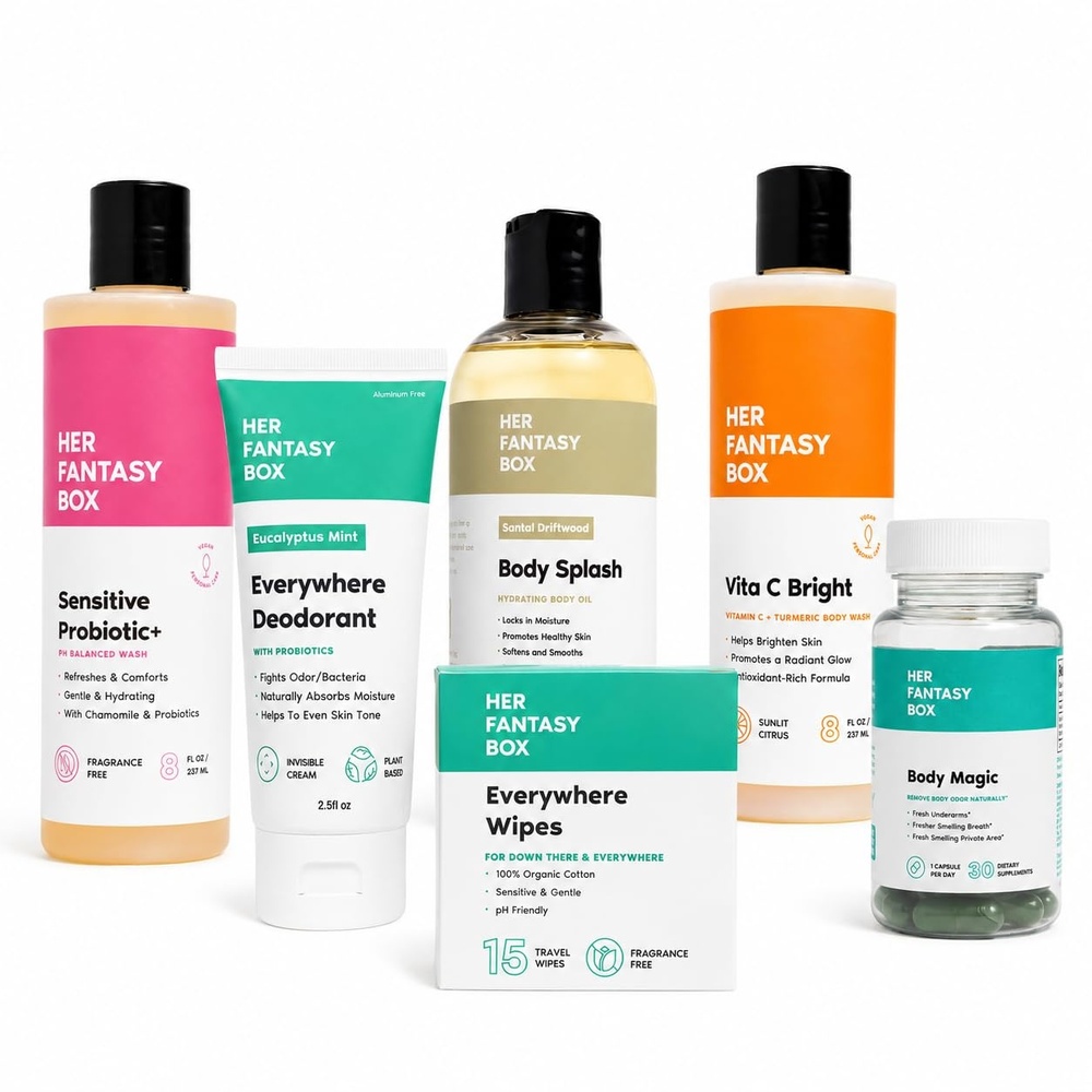 image:imageHer Fantasy Box Fresh at Work Set Turmeric Body Wash Sensitive Probiotic Wash Mint Deodorant Chlorophyll Capsules Santal Driftwood Body Oil amp Wipes