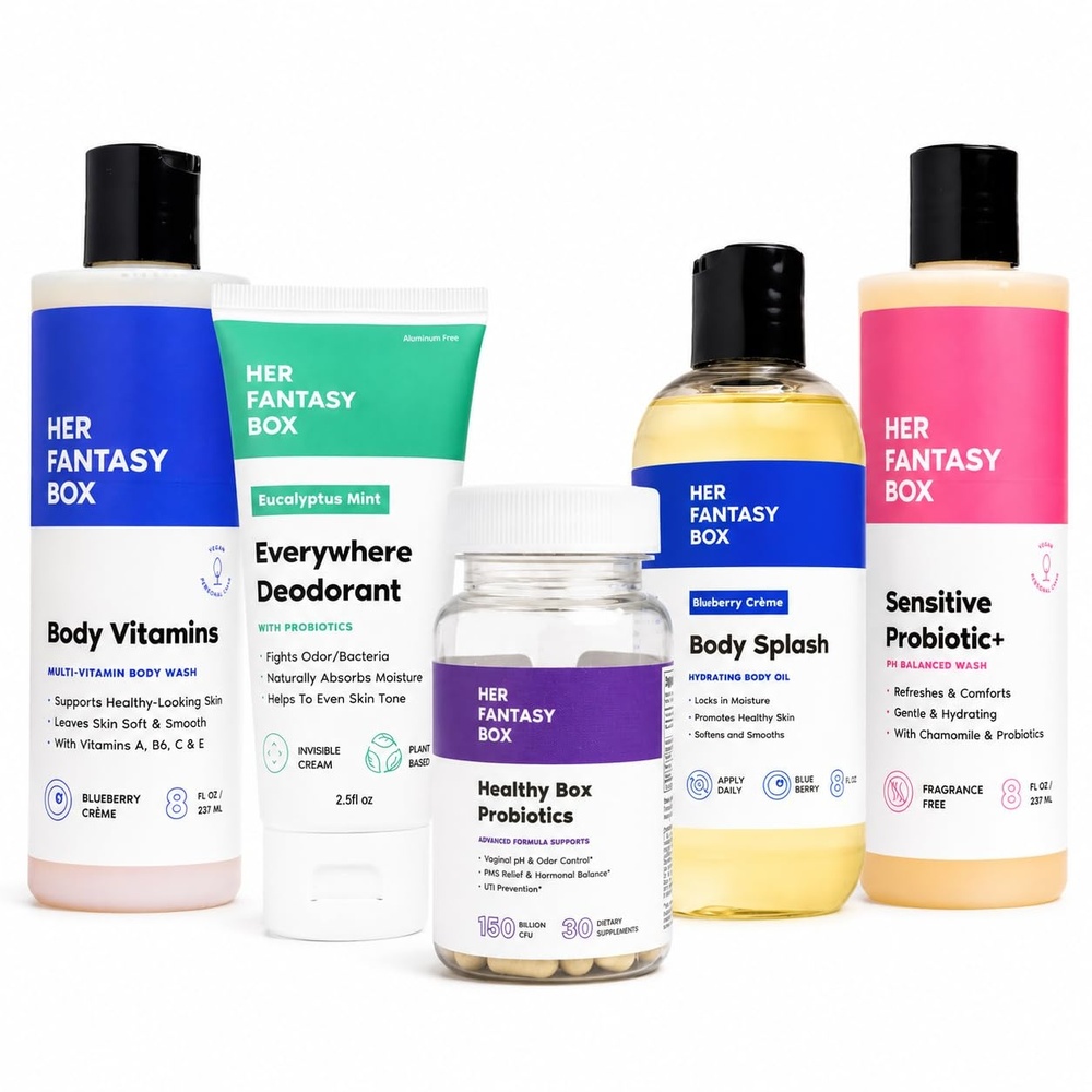 image:imageHer Fantasy Box Hormone amp Balance Kit Body Wash Sensitive Probiotic Wash Womens Probiotic Blueberry Body Oil amp AluminumFree Mint Deodorant