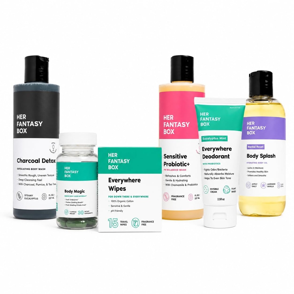 image:imageHer Fantasy Box Post Workout Fresh Kit Charcoal Exfoliating Body Wash Probiotic Wash Chlorophyll Capsules Mint Deodorant Lavender Vanilla Body Oil amp Wipes