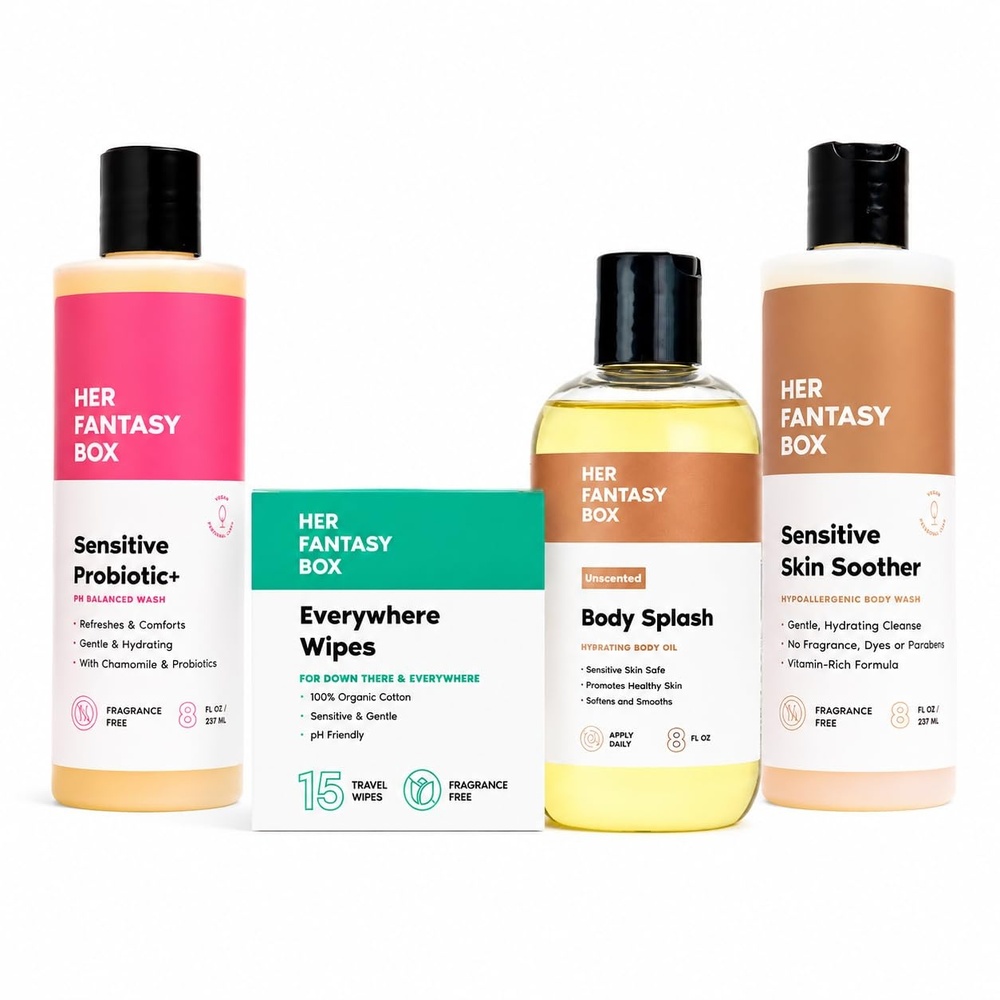 image:imageHer Fantasy Box Sensitive Skin System FragranceFree Body Wash Sensitive Probiotic Wash Unscented Body Oil amp Aloe Wipes for Soft Calm Skin